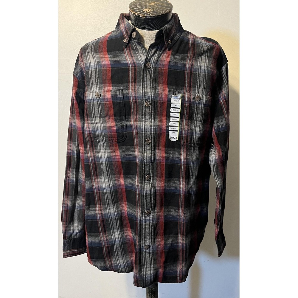 Duluth Trading Co Shirt Mens Large‎ Black Plaid Flannel Relaxed Fit Long Sleeve